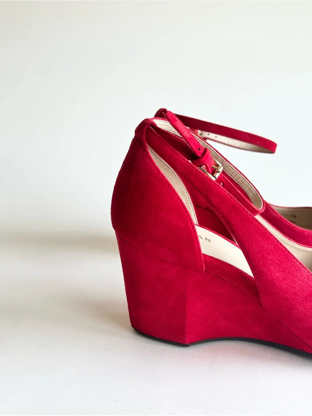 New Cole Haan Red Suede Leather Almond Toe Ankle Strap Wedge Heels size 7.5